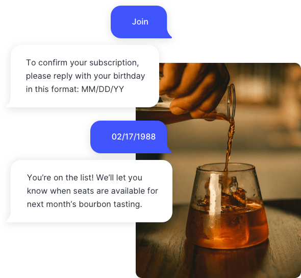 SMS subscriber confirming their age to receive texts from a bourbon tasting room