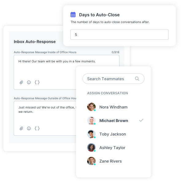 SlickText UI showing auto-responses for out of office replies and rules for closing conversations