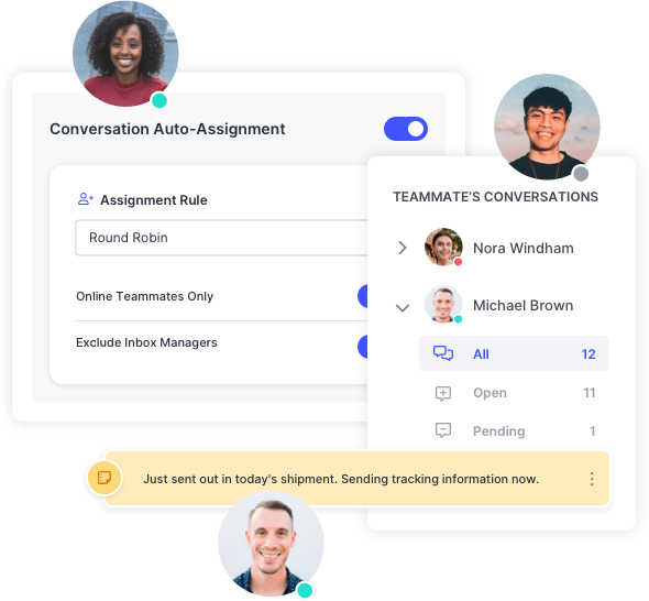 SlickText UI showing collaborative customers support through auto-assignments, notes, and online statuses