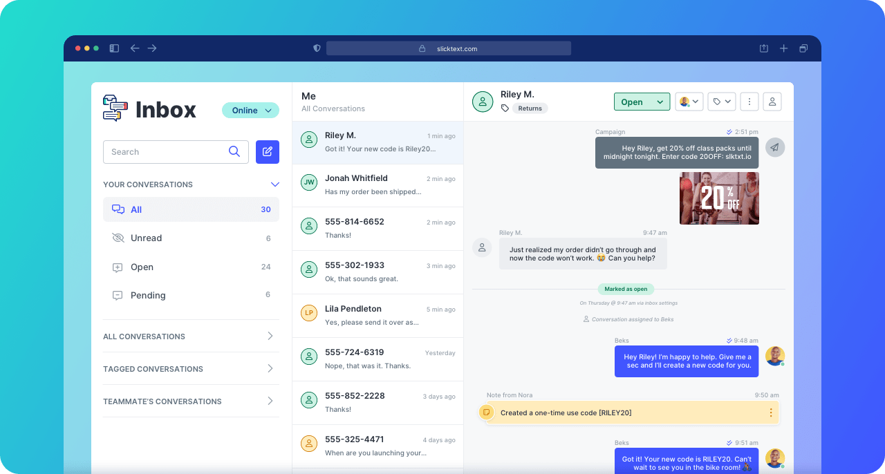 SlickText Inbox UI showing incoming messages, conversation statuses, and a customer support conversation