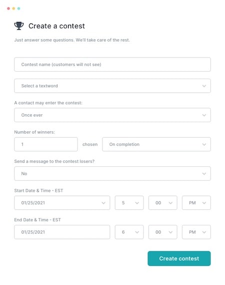 Interface for setting up a text to win sweepstakes