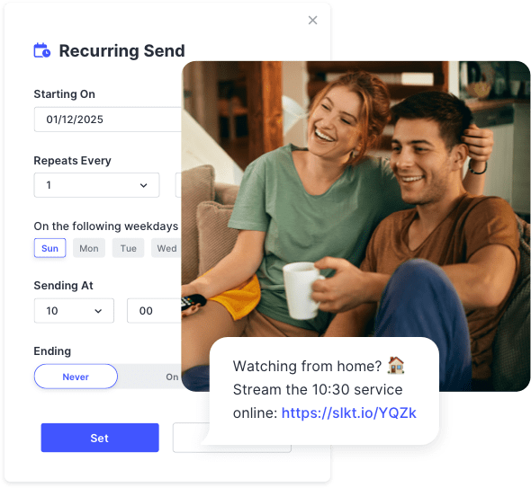 SlickText UI showing a recurring text message that invites people to stream services from home.