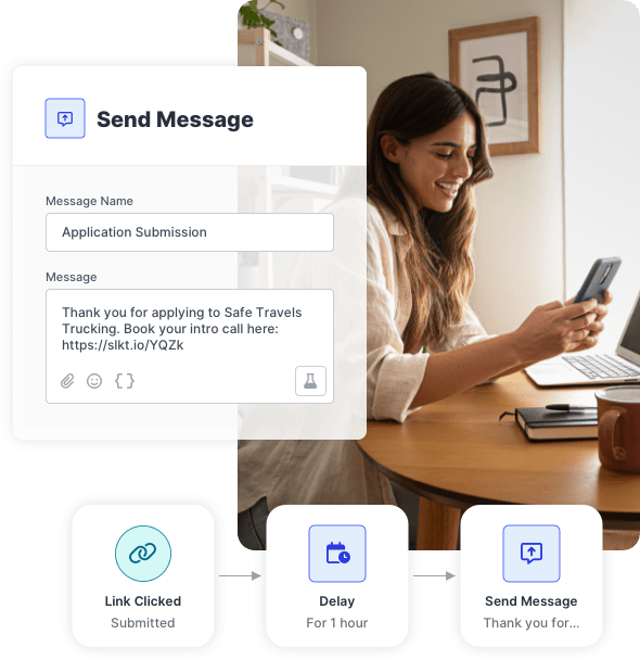 SlickText workflow showing an automated follow-up message for a job applicant.