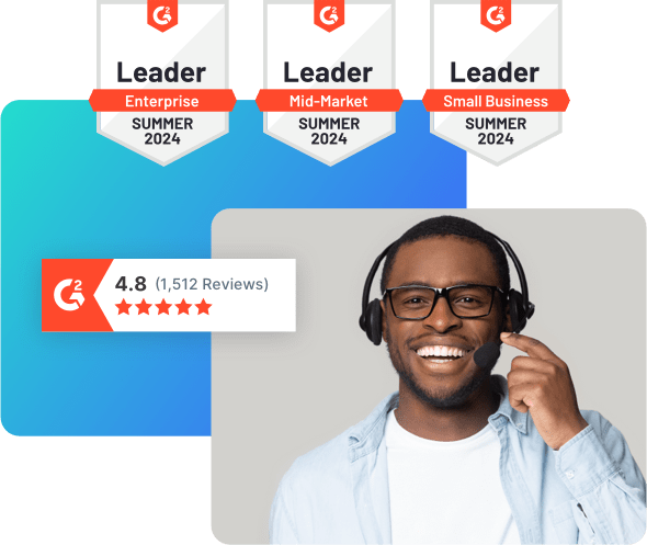 Happy customer support representative and SlickText awards for being a leader in the SMS marketing industry.