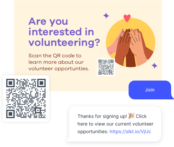 A volunteer recruitment promotional banner with a QR code to join a nonprofit’s SMS subscriber list.