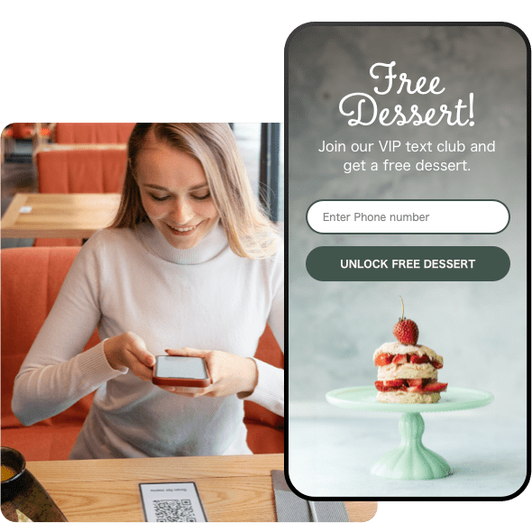 Woman scanning a QR code to sing up for an SMS list and unlock a free dessert.