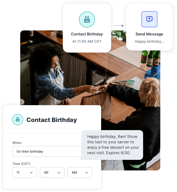 Customer visiting restaurant after receiving an automated birthday promotion through SlickText.