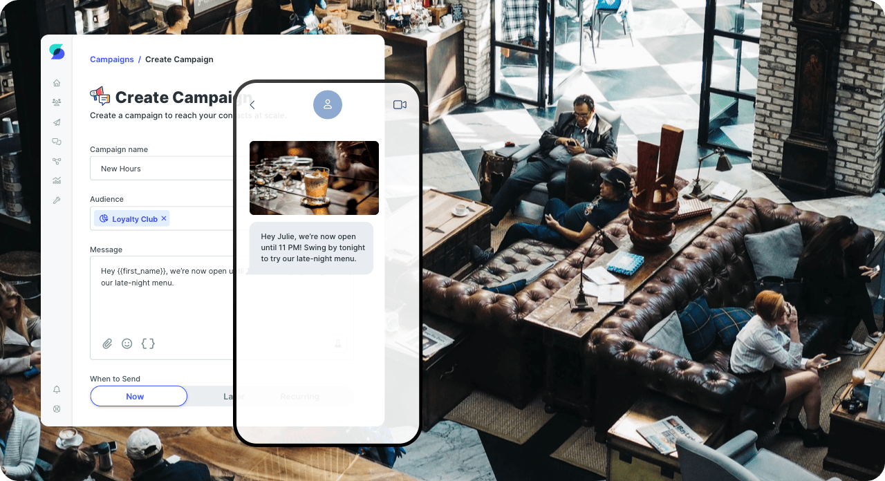 Busy restaurant and an SMS campaign inviting customers to try the late-night menu.