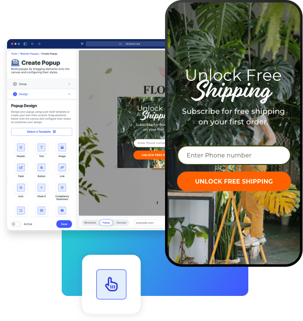 SlickText popup builder and a branded website popup on a mobile phone.