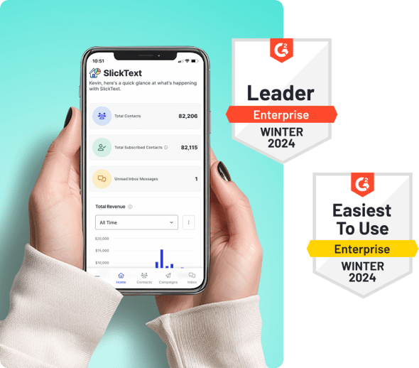Hands holding a phone opened to the SlickText dashboard